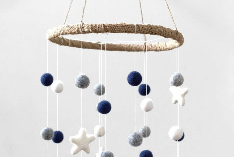 Felt Ball & Star Nursery Mobile- Navy, Gray, White- LARGE