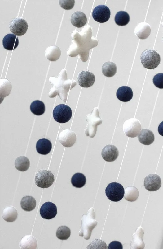 Felt Ball & Star Nursery Mobile- Navy, Gray, White- LARGE