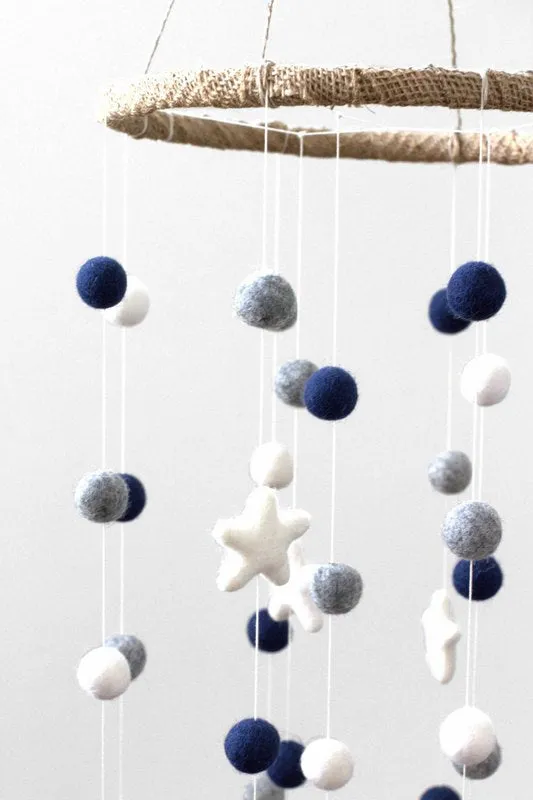 Felt Ball & Star Nursery Mobile- Navy, Gray, White- LARGE