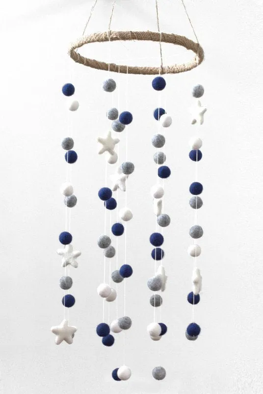 Felt Ball & Star Nursery Mobile- Navy, Gray, White- LARGE