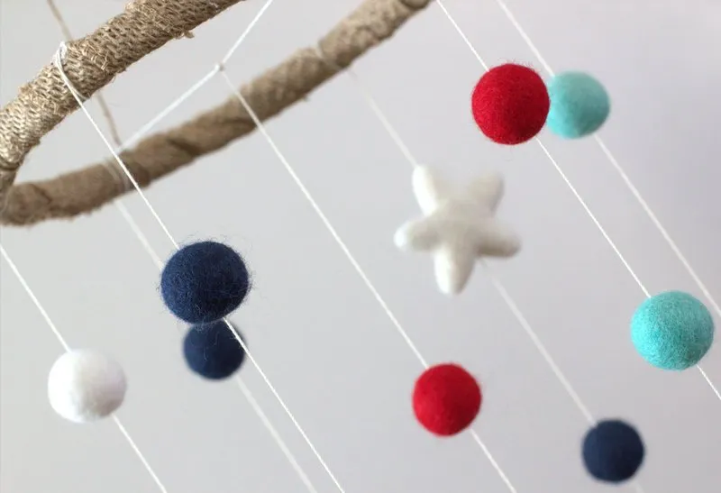 Felt Ball & Star Nursery Mobile- Navy, Red, Turquoise- SMALL