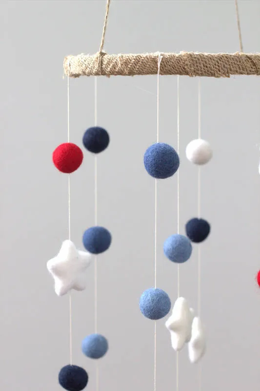 Felt Ball & Star Nursery Mobile- Red, White, Blue- SMALL