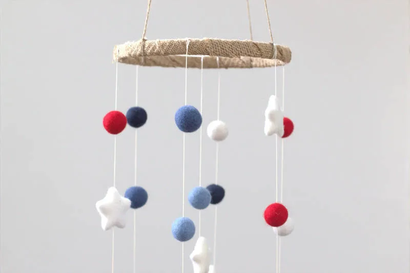 Felt Ball & Star Nursery Mobile- Red, White, Blue- SMALL