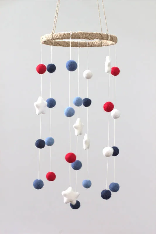 Felt Ball & Star Nursery Mobile- Red, White, Blue- SMALL