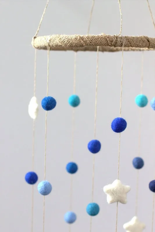 Felt Ball & Star Nursery Mobile- Shades of Blue- SMALL