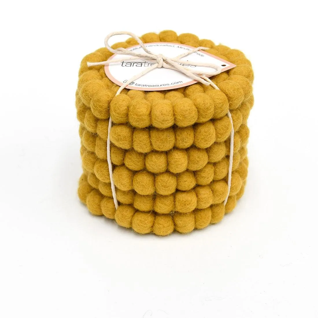 Felt Ball Cup Coasters - Mustard Yellow Bundle of 6