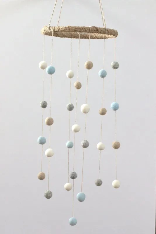 Felt Ball Nursery Mobile- Blue, Gray, Almond, White- Small