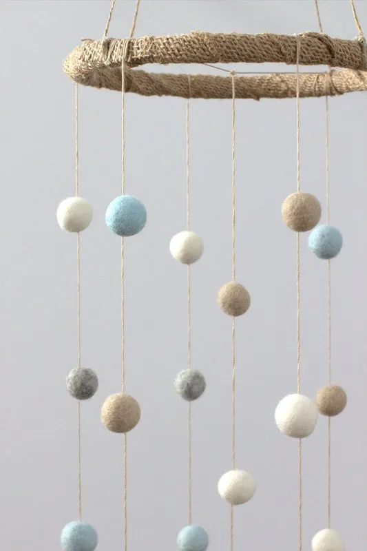 Felt Ball Nursery Mobile- Blue, Gray, Almond, White- Small