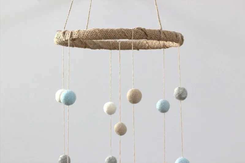 Felt Ball Nursery Mobile- Blue, Gray, Almond, White- Small