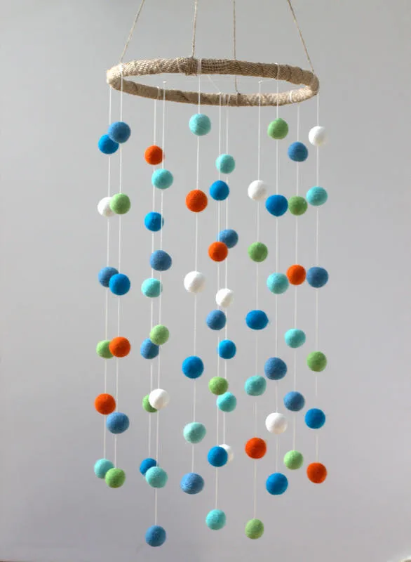 Felt Ball Nursery Mobile- Blue, Green, Orange- LARGE