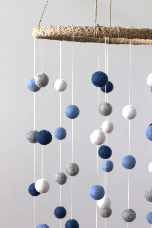 Felt Ball Nursery Mobile- Marine, Baby Blue, Gray, White- LARGE