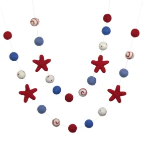 Fourth of July Felt Ball & Star Garland- Red, White, Blue- Swirls & Dots