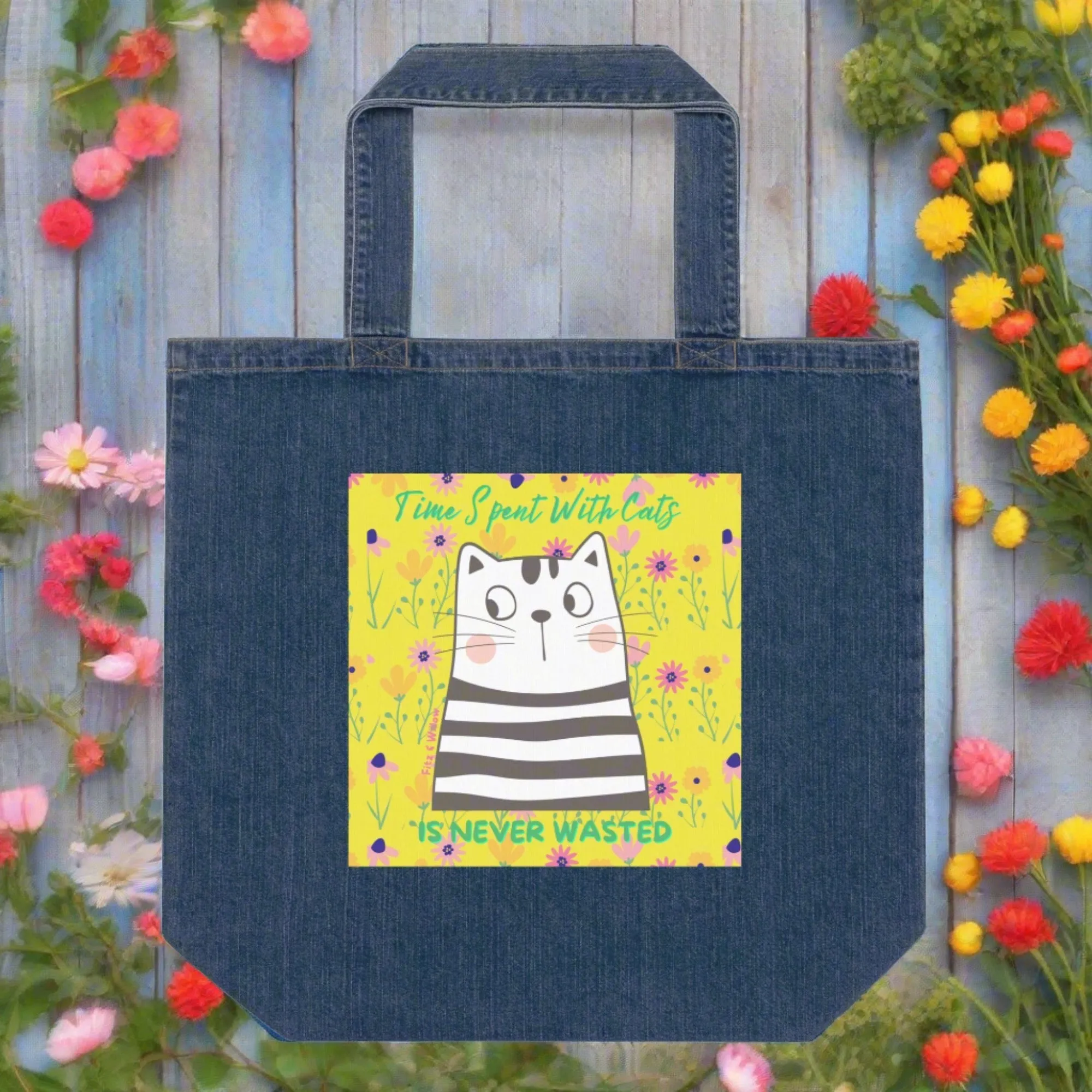 Funny cat, Organic denim tote bag