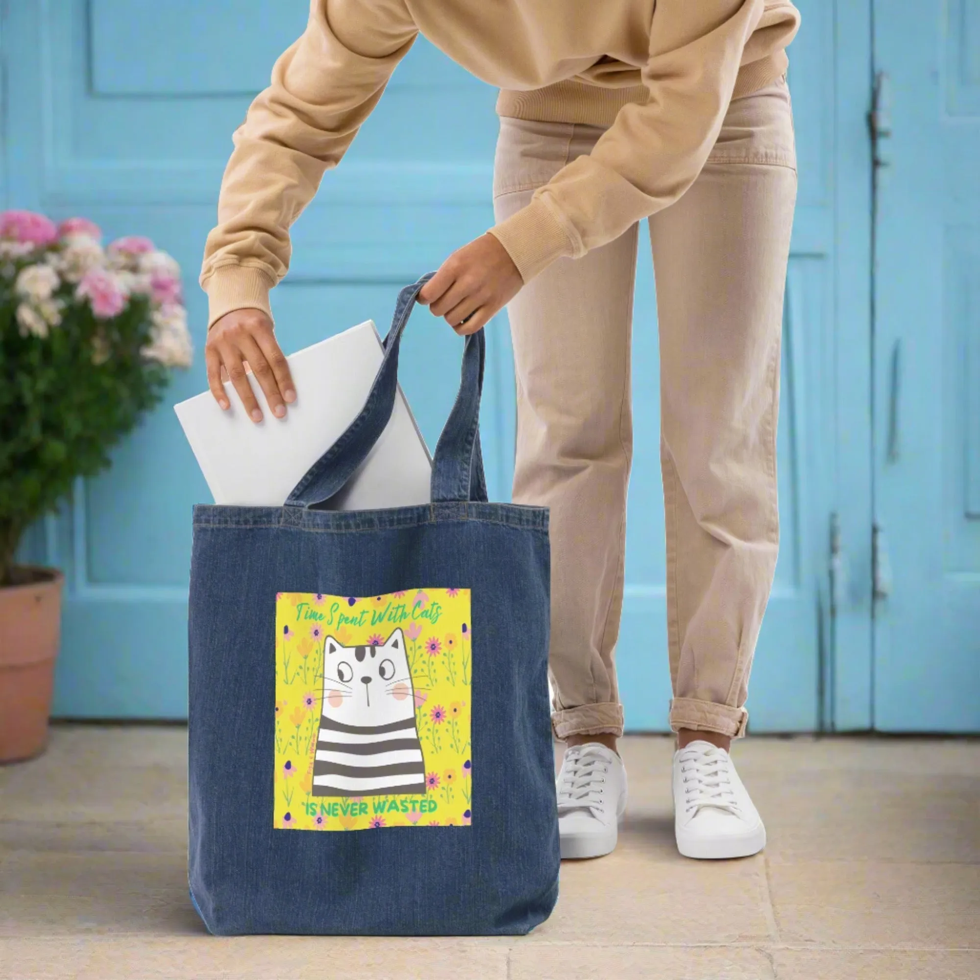 Funny cat, Organic denim tote bag