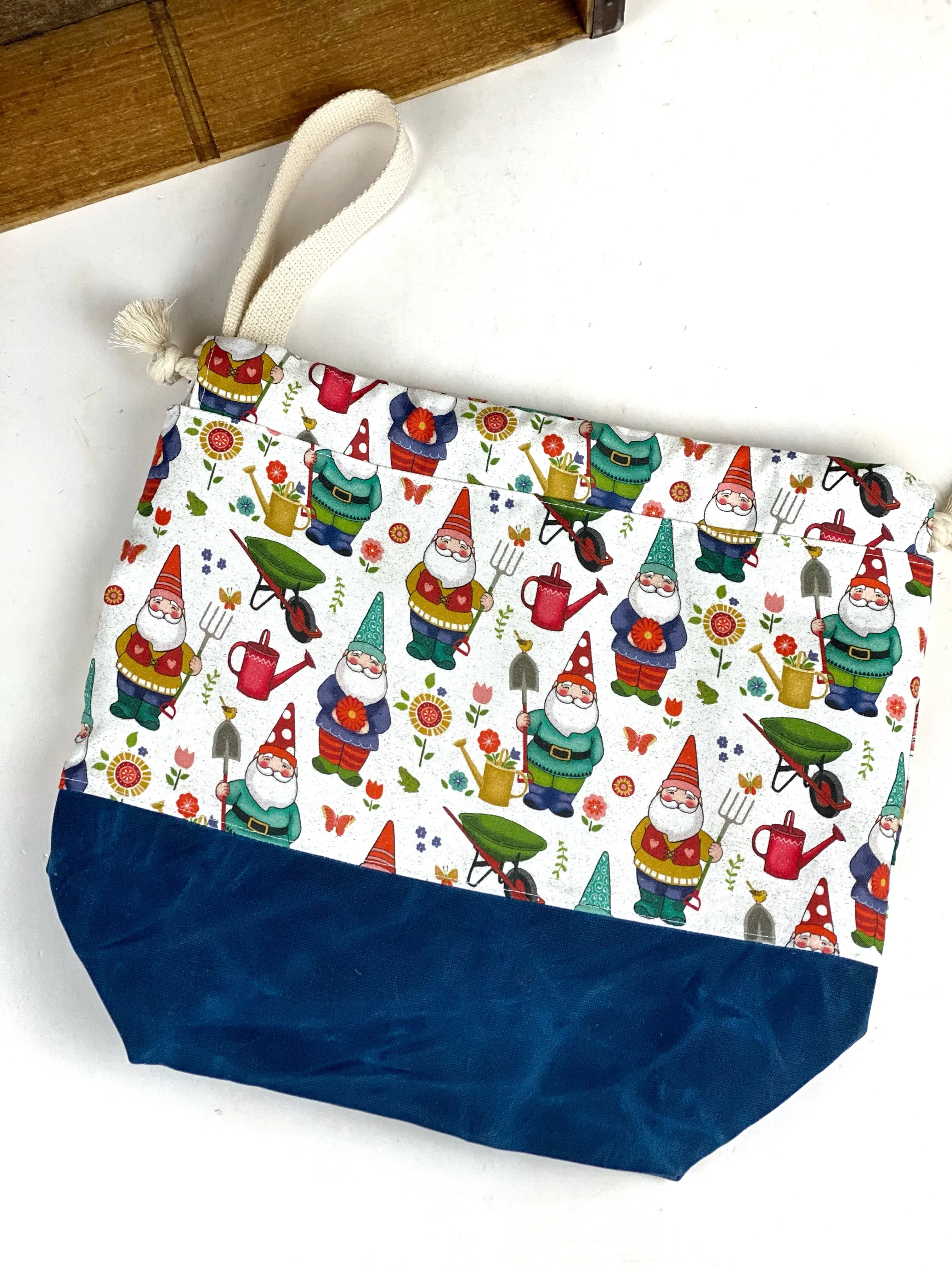 Garden Gnomes Canvas Project Bag, Project Bag for Knitters, Gnome Canvas Bag, Crochet Bag, Whimsical Project Bag