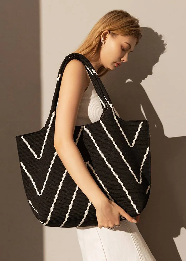 Geometric Stripe Black Spacious Canvas Tote Bag