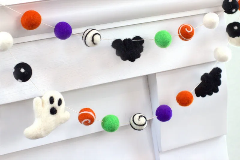 Ghost & Bat Halloween Garland- Purple, Green, Orange, Black- Dots & Swirls