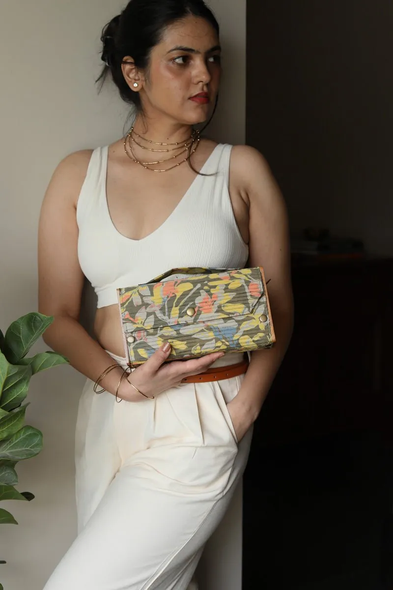 Gift For Her- Upcycled Fabric & Brass Box Olive Clutch Gift Box