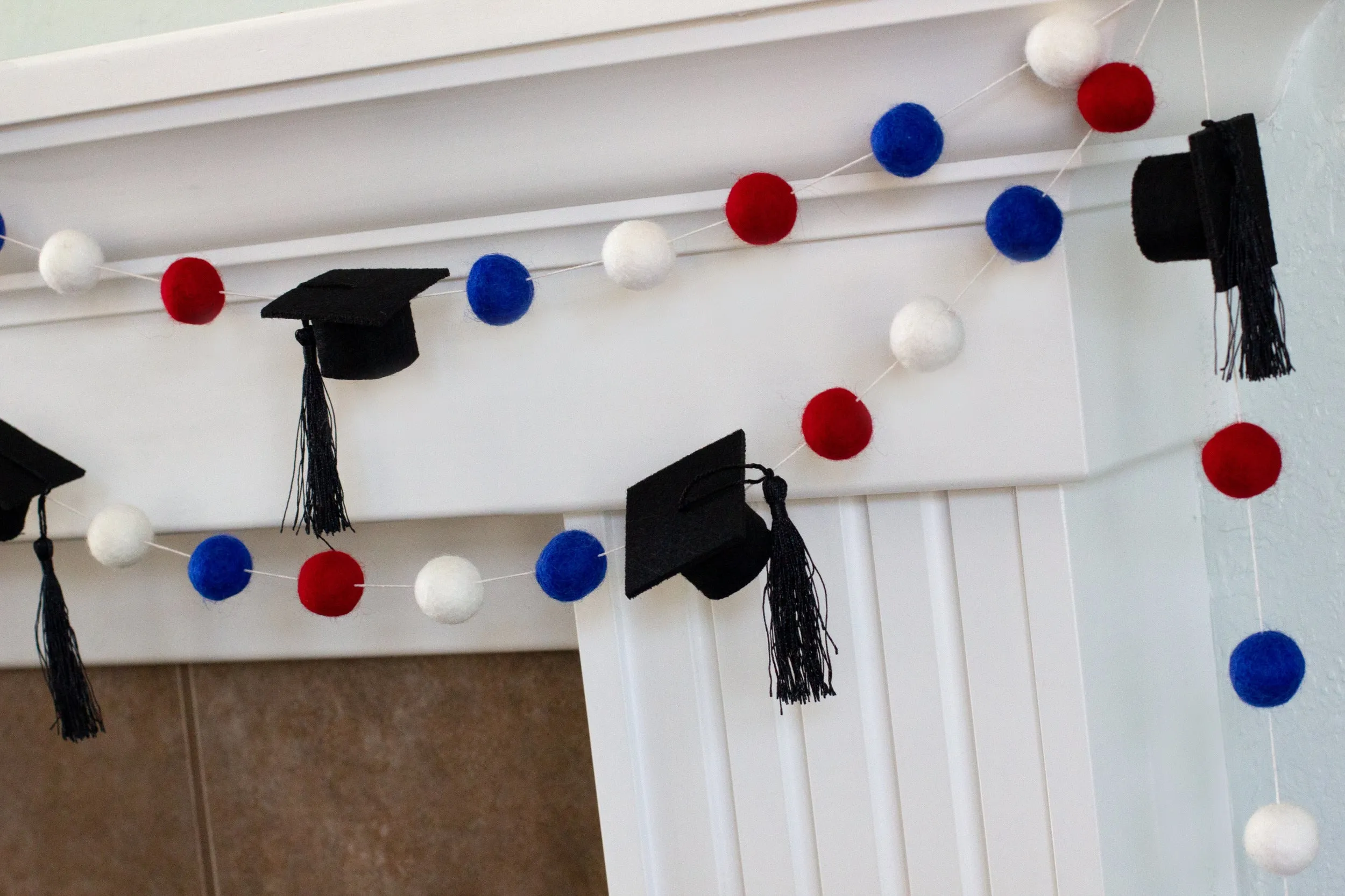 Graduation Cap Felt Garland- Red Blue White with BLACK tassels