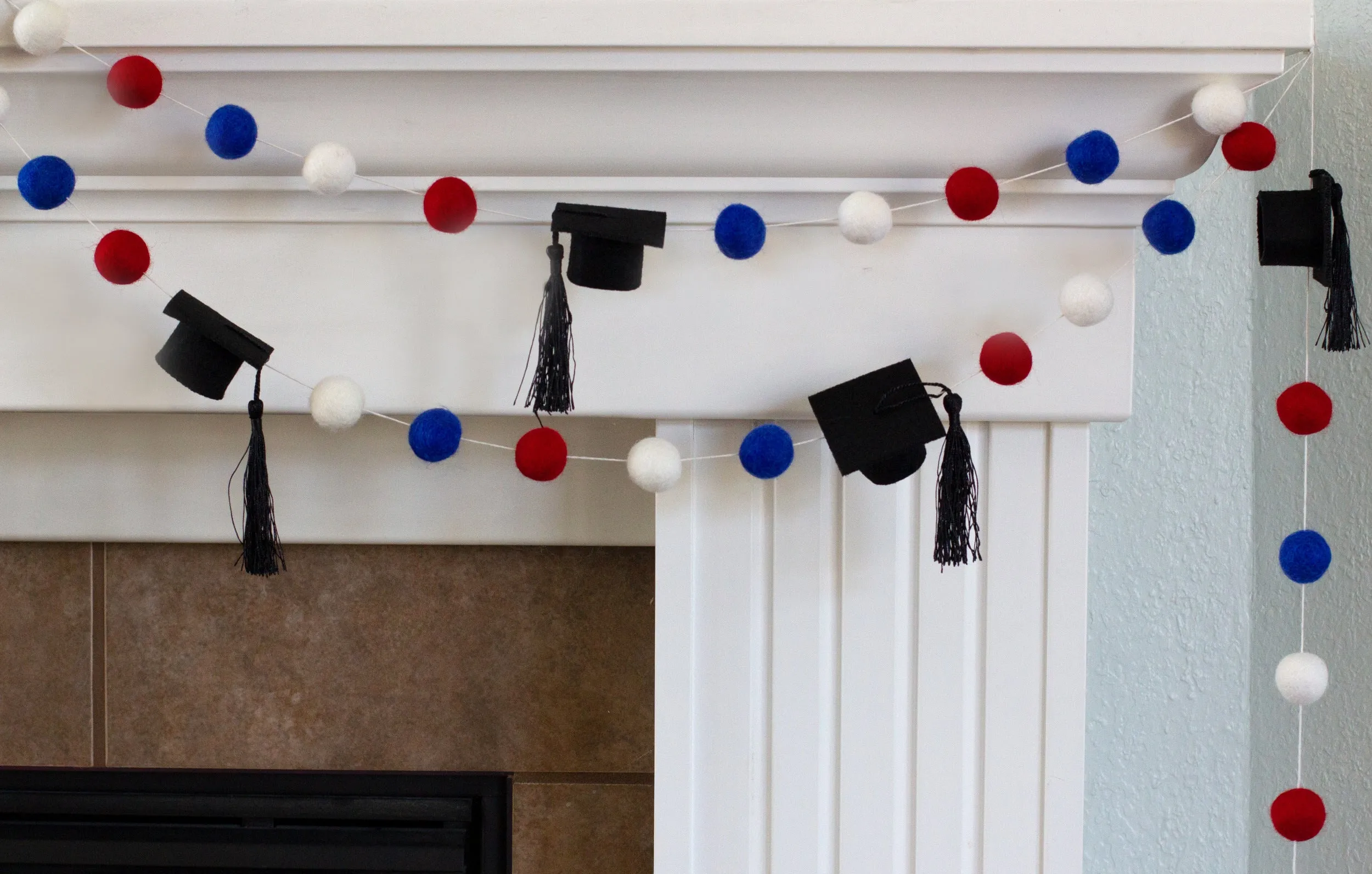 Graduation Cap Felt Garland- Red Blue White with BLACK tassels