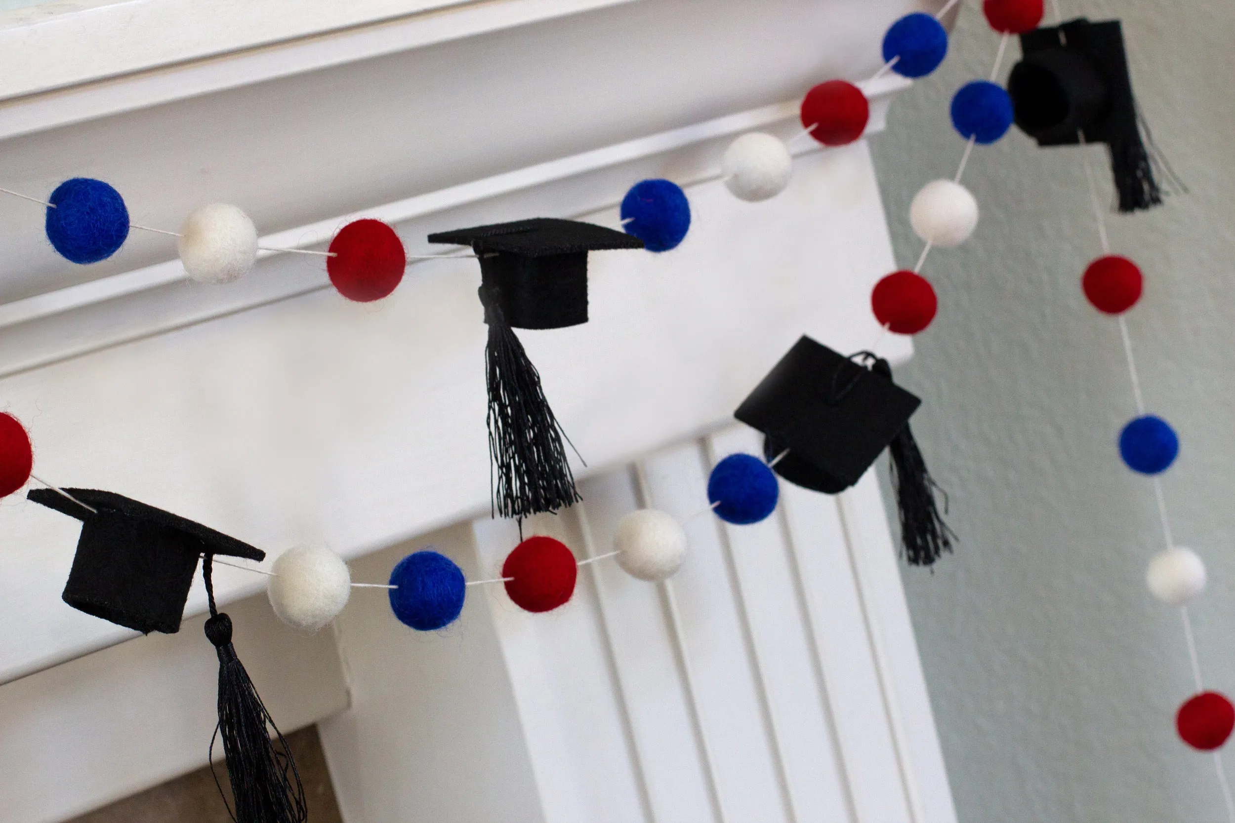 Graduation Cap Felt Garland- Red Blue White with BLACK tassels