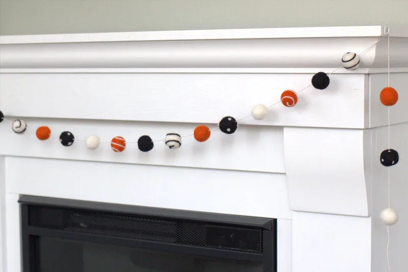 Halloween Felt Ball Garland- Black, Orange, Swirls