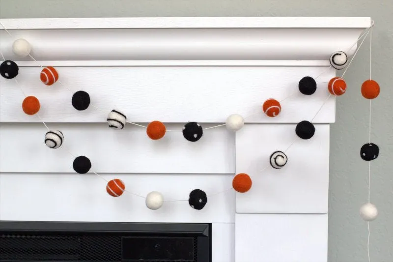 Halloween Felt Ball Garland- Black, Orange, Swirls