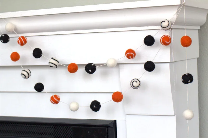 Halloween Felt Ball Garland- Black, Orange, Swirls