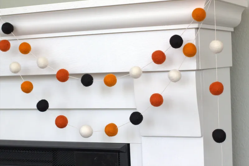 Halloween Felt Ball Garland- Black, White, Light & Dark Oranges