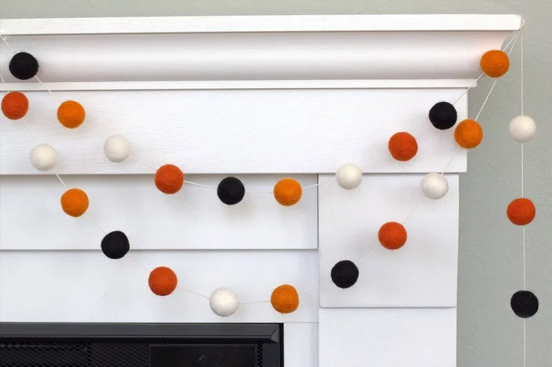 Halloween Felt Ball Garland- Black, White, Light & Dark Oranges