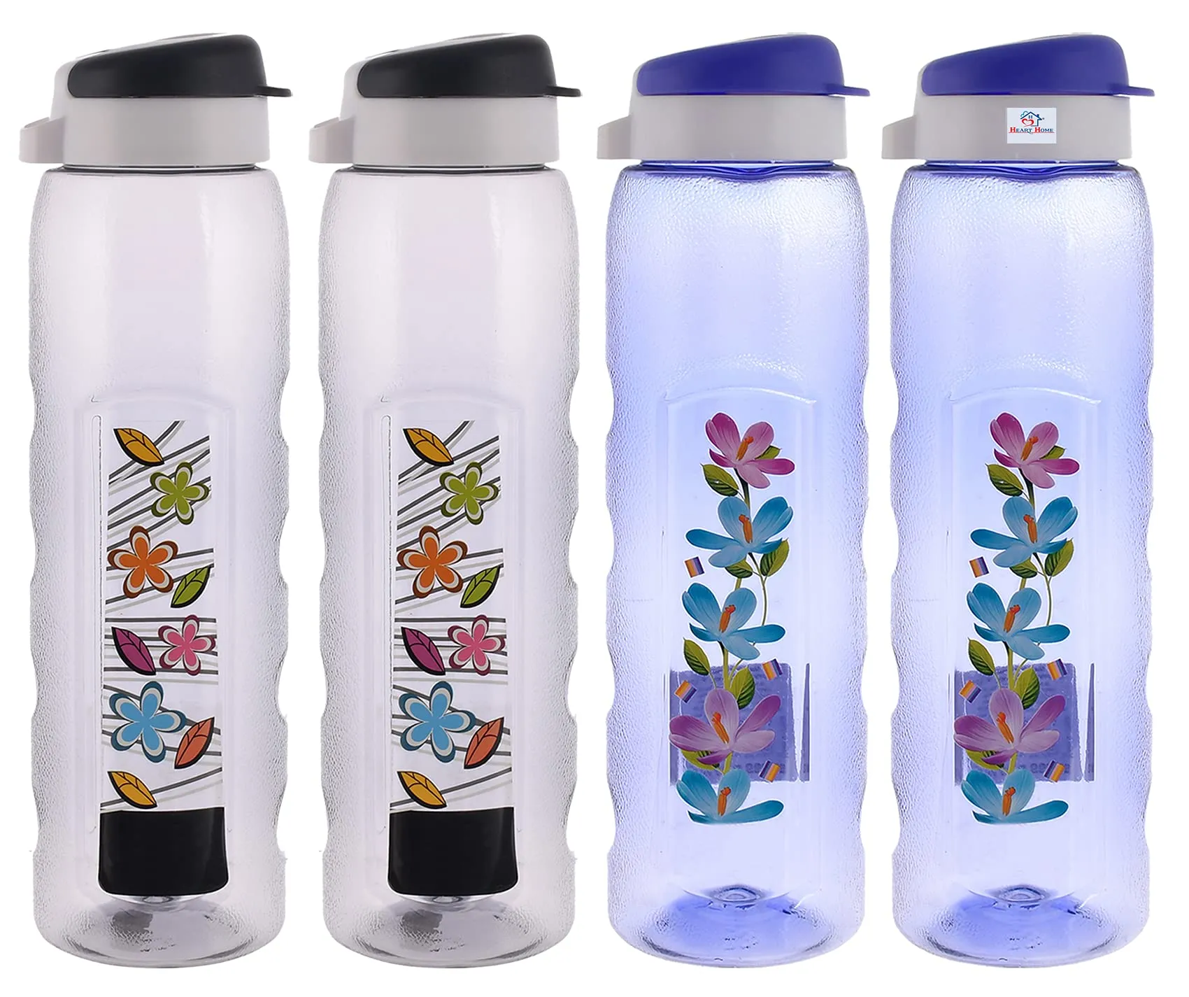 Heart Home Unbreakable BPA & Leak Free Plastic Water Bottle With Sipper-1 Litre, Pack of 4 (Pruple & Black)