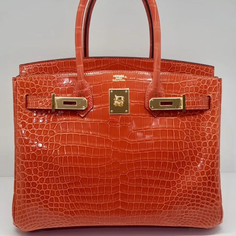 Hermès Birkin 30 Orange Poppy Crocodile Porosus Lisse Gold Hardware GHW