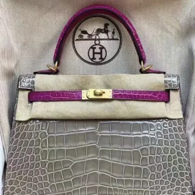 Hermès Kelly HSS 25 Gris Tourterelle/Rose Sheherazade Sellier Alligator Mississippi Lisse Gold Hardware GHW