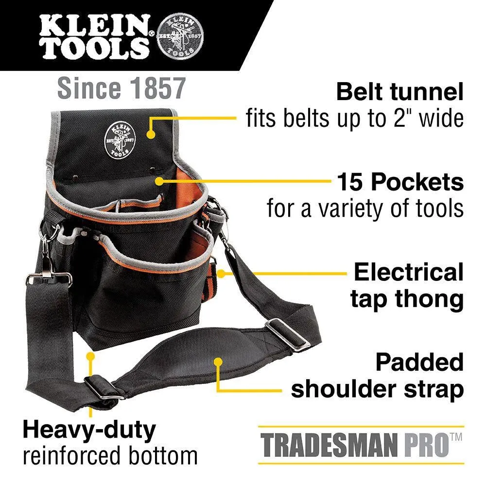 Klein Tools 5243 Tradesman Pro Tool Pouch with Padded Shoulder Strap, Reinforced Bottoms and Electrical Tape Thong, 15-Pocket