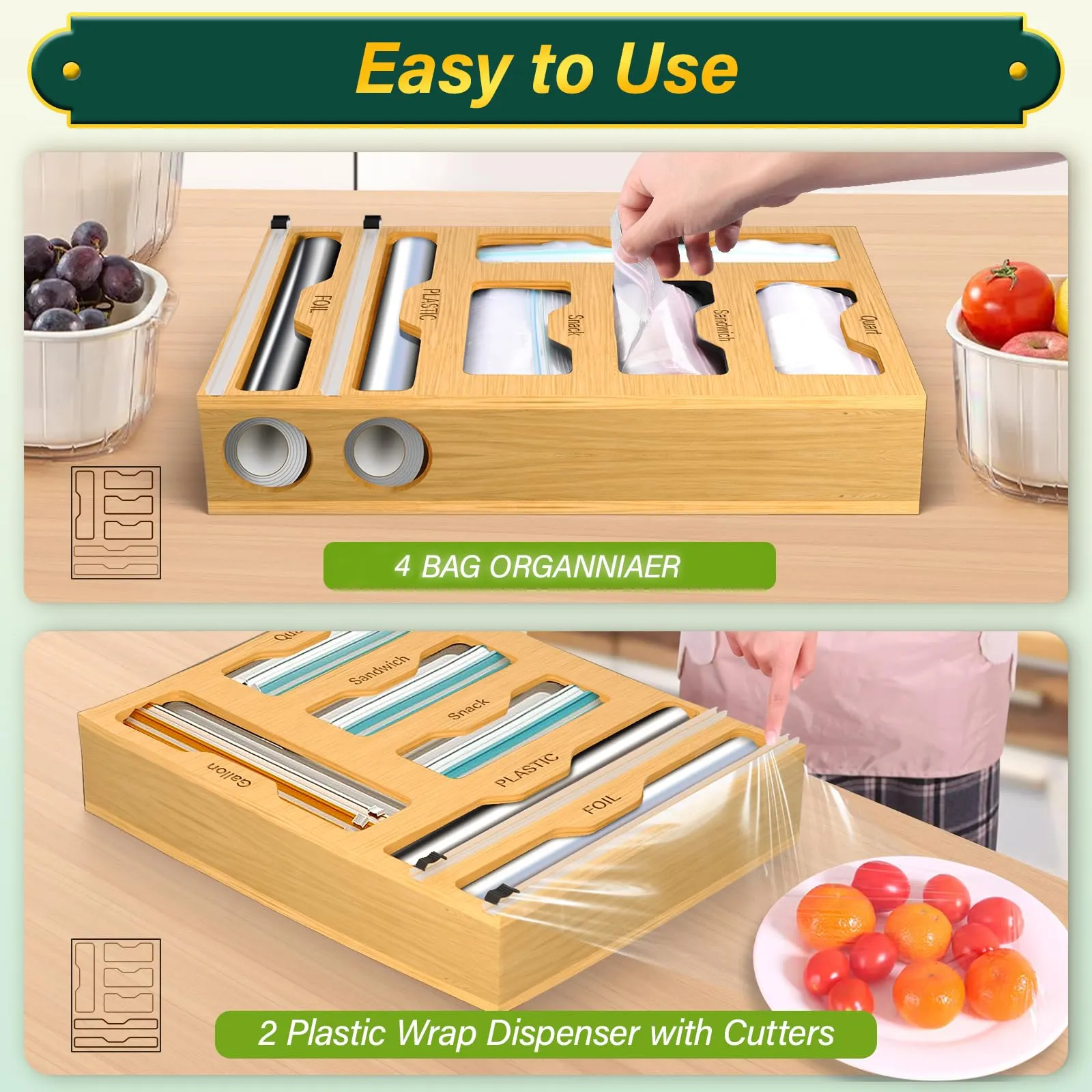 KOCWELL Bag Organizer with Cutter, 6 In 1 Bamboo Foil and Plastic Wrap Organizer for Kitchen, Food Storage Bag Organizer for Gallon,Quart,Sandwich,Snack