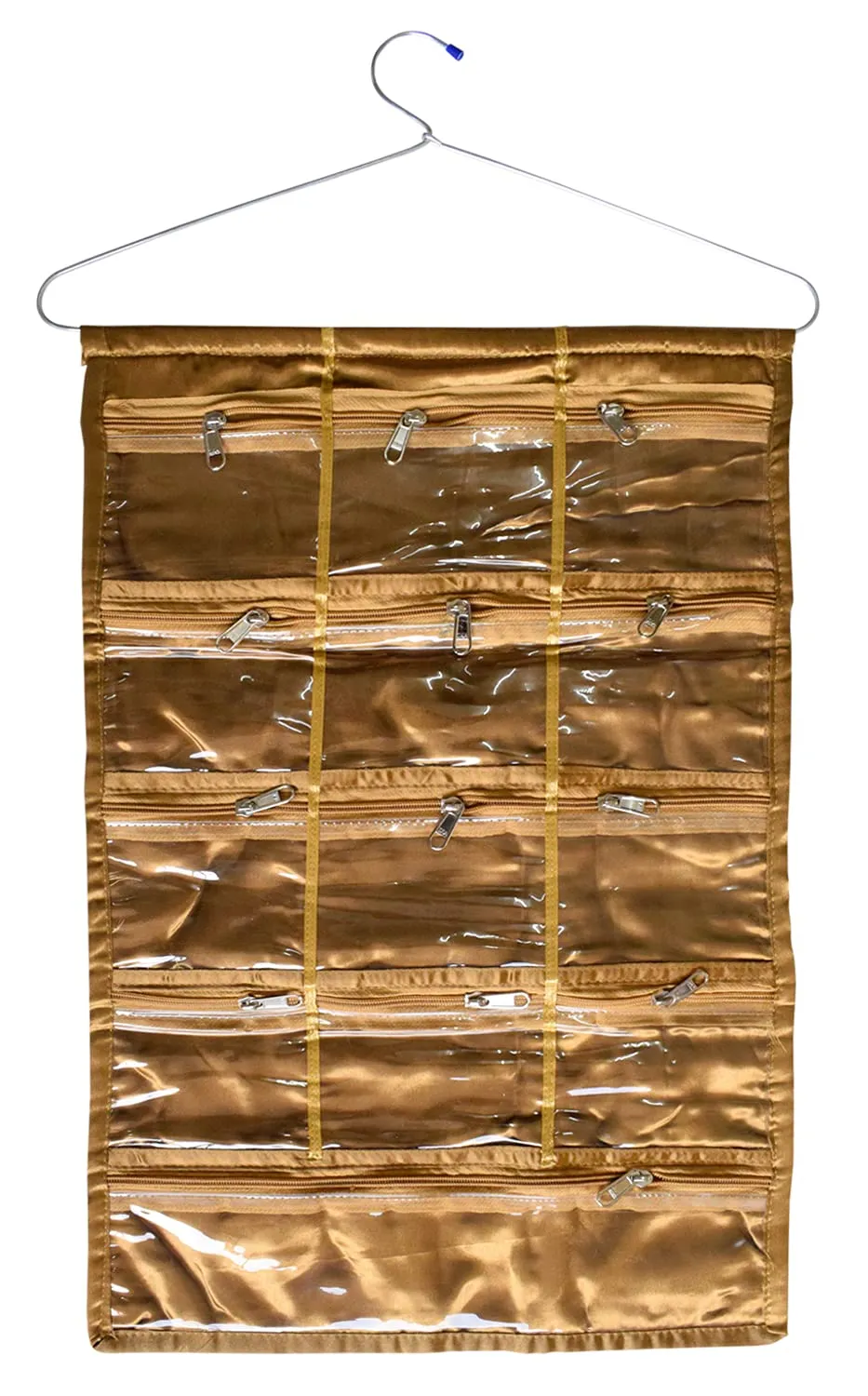 Kuber Industries 12 Small & 1 Large Zipper Pockets Hanging Jewellery Organizer Hanging Wall Pocket Storage Bag With Hanger (Gold)