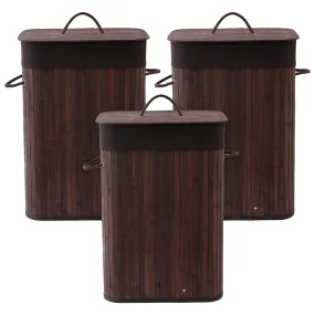 Kuber Industries Bamboo Basket With Lid|Foldable Laundry Basket For Clothes|Durable Rope Handles & Removable Bag|Pack Of 3|Dark Brown