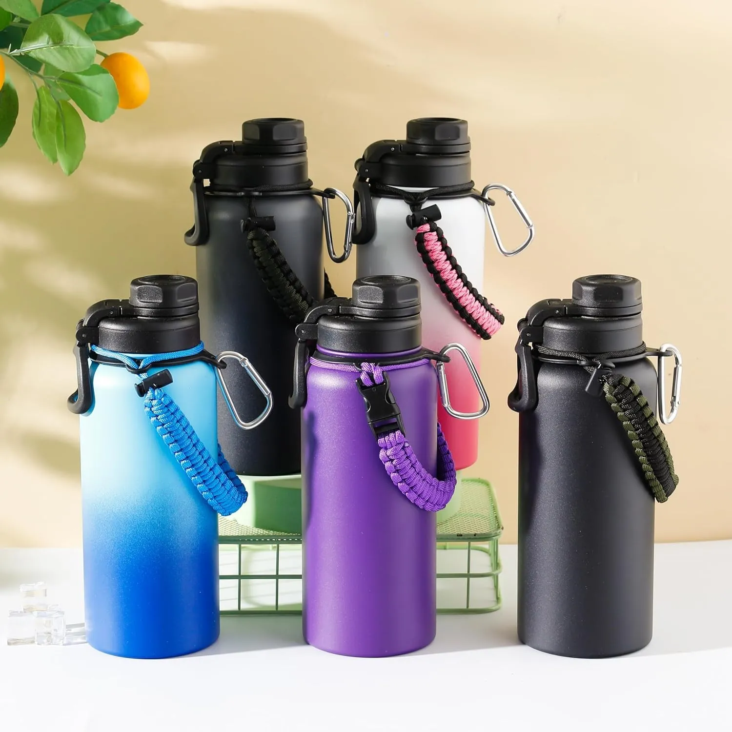 Kuber Industries Water Bottle | Steel Water Bottle for Daily Use | Vacuum Insulated Flask Water Bottle with Rope | Hot & Cold Water Bottle | 960 ML | LX-230608 | Pack of 6 | Black & Gray