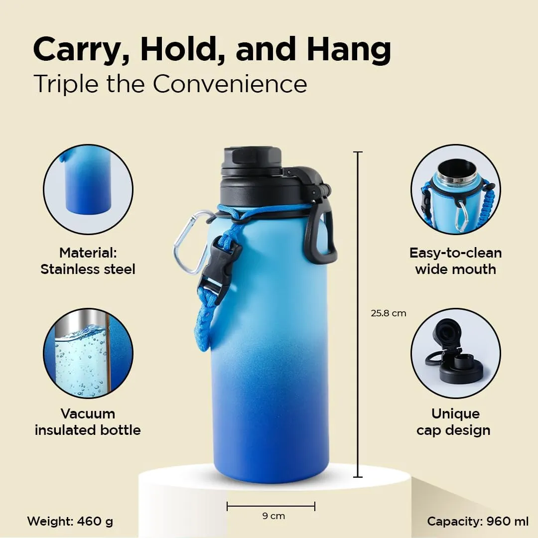 Kuber Industries Water Bottle | Steel Water Bottle for Daily Use | Vacuum Insulated Flask Water Bottle with Rope | Hot & Cold Water Bottle | 960 ML | LX-230609 | Aqua Blue