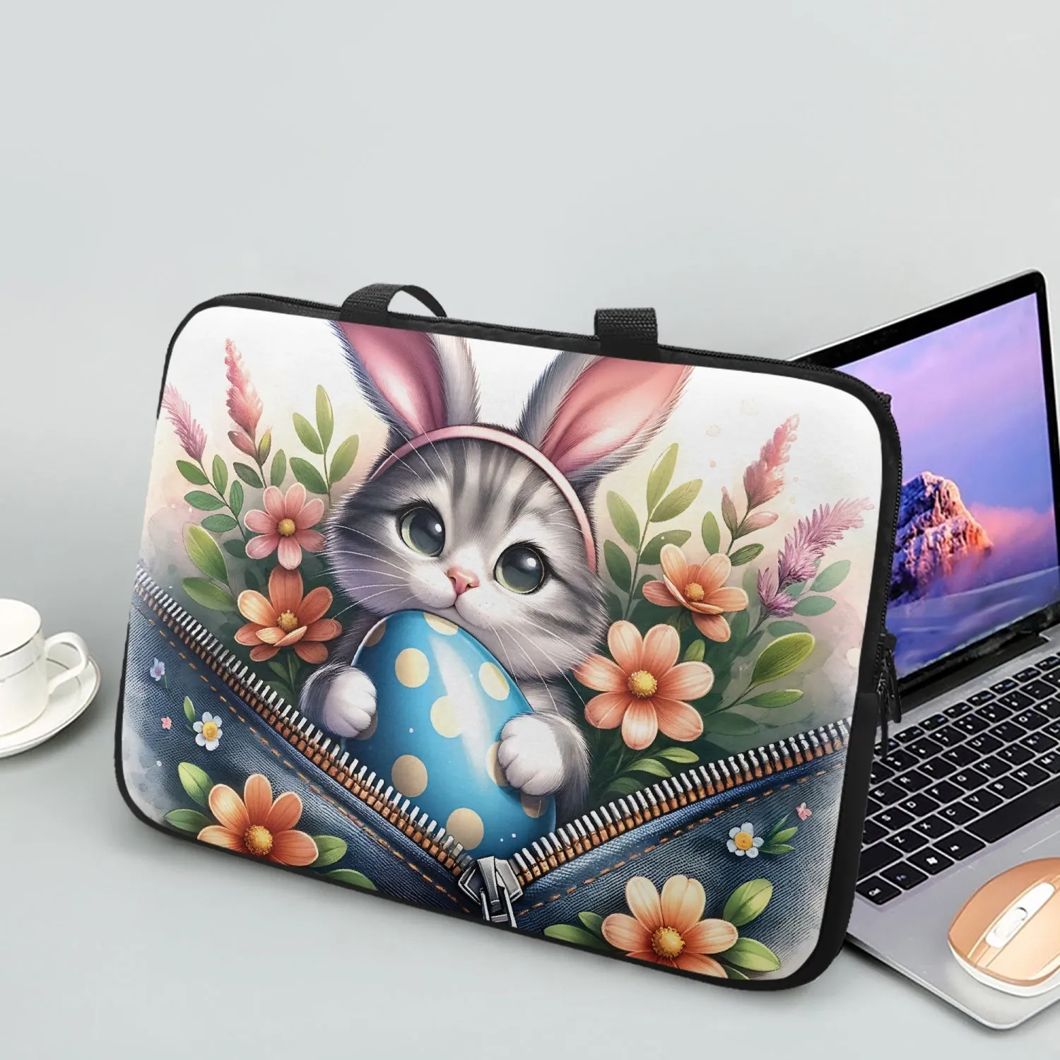 Laptop Sleeve with handles - Easter - Cat with Bunny Ears