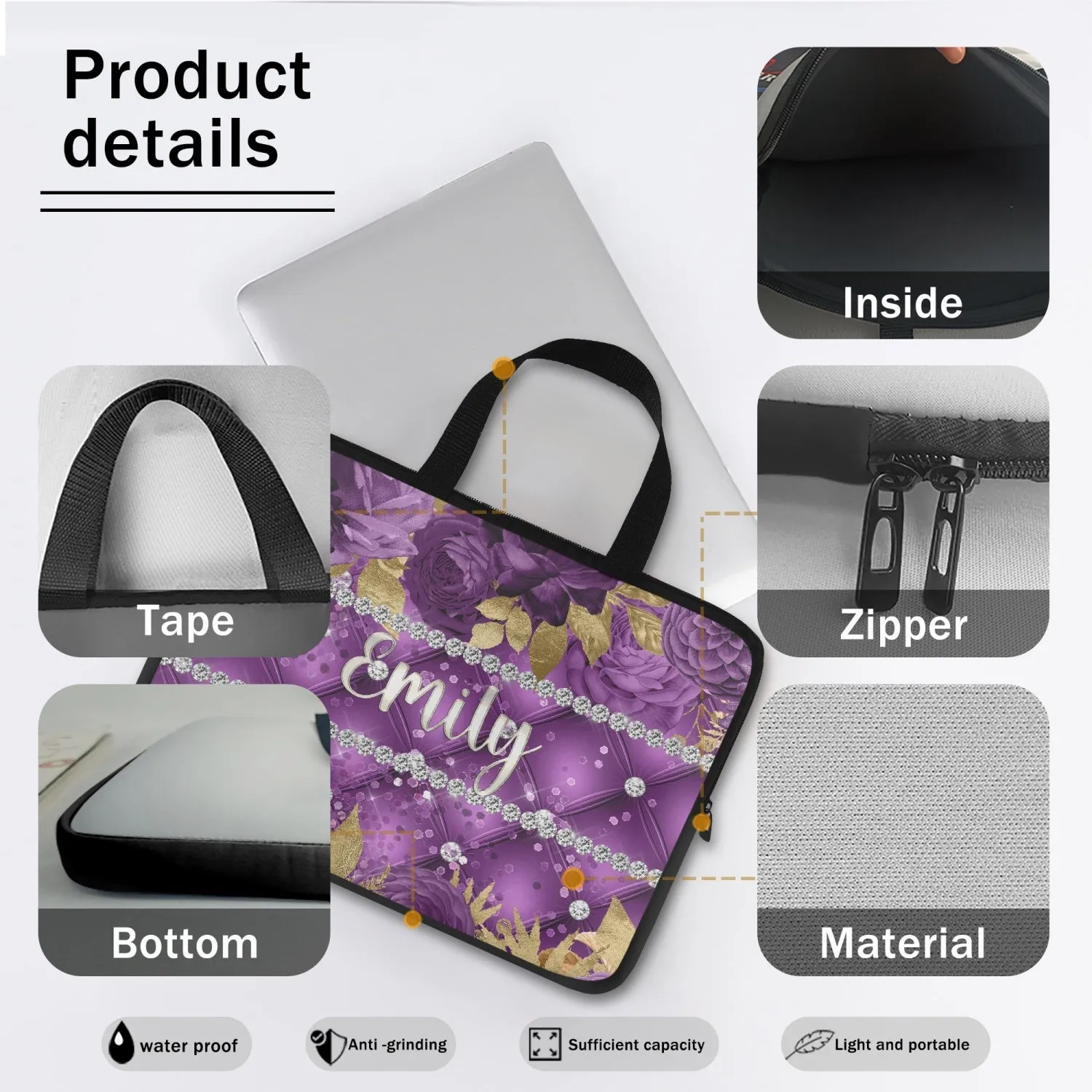 Laptop Sleeve with handles - Purple Floral - Personalised