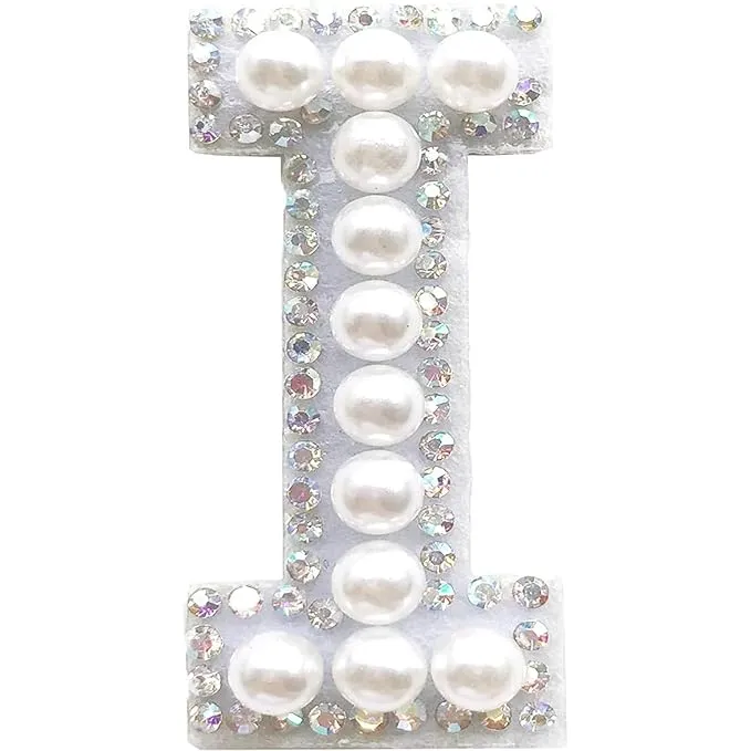 Letter I White Pearl Rhinestone Hot fix Or Sew Patch