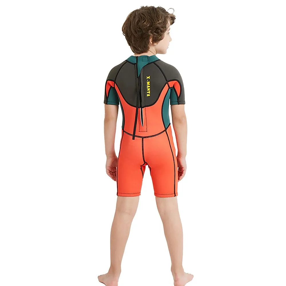 Little Surprise Box Superhero Green & Orange 2.5mm Neoprene Knee Length Kids Swimsuit, Half Sleeves Swimwear