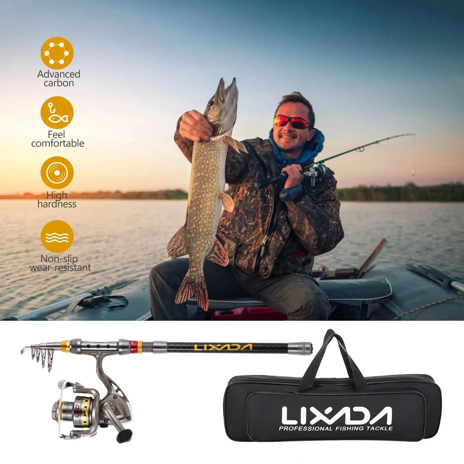 Lixada Carbon Fiber Telescopic Fishing Rod and Spinning Fishing Reel Combo Full Kit Fishing Tackle Carrier Bag Fishing Gear Set