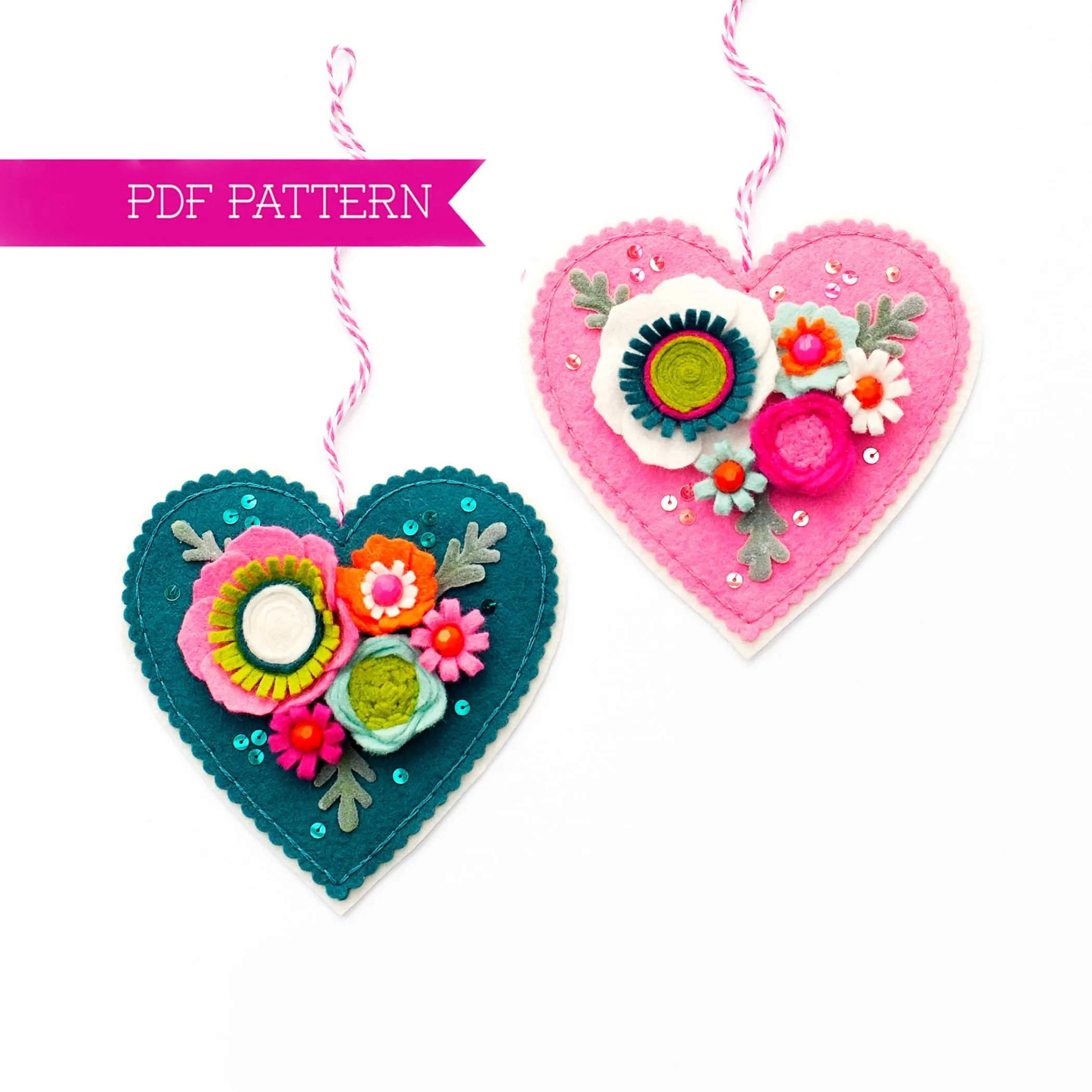 Modern Bouquet Hearts Wool Felt Ornament PDF Pattern