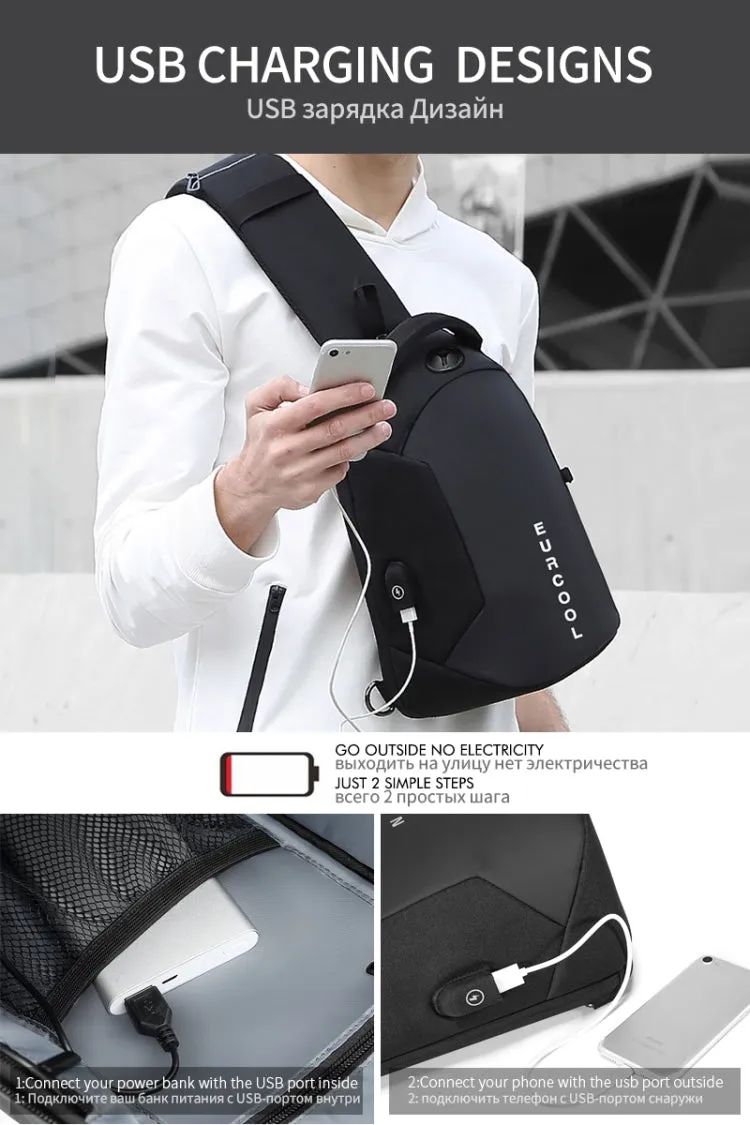 Multi Function Crossbody Bags Men Chest Bag Water Repellent Shoulder Bag with USB Charging Port, Size:L (Black)