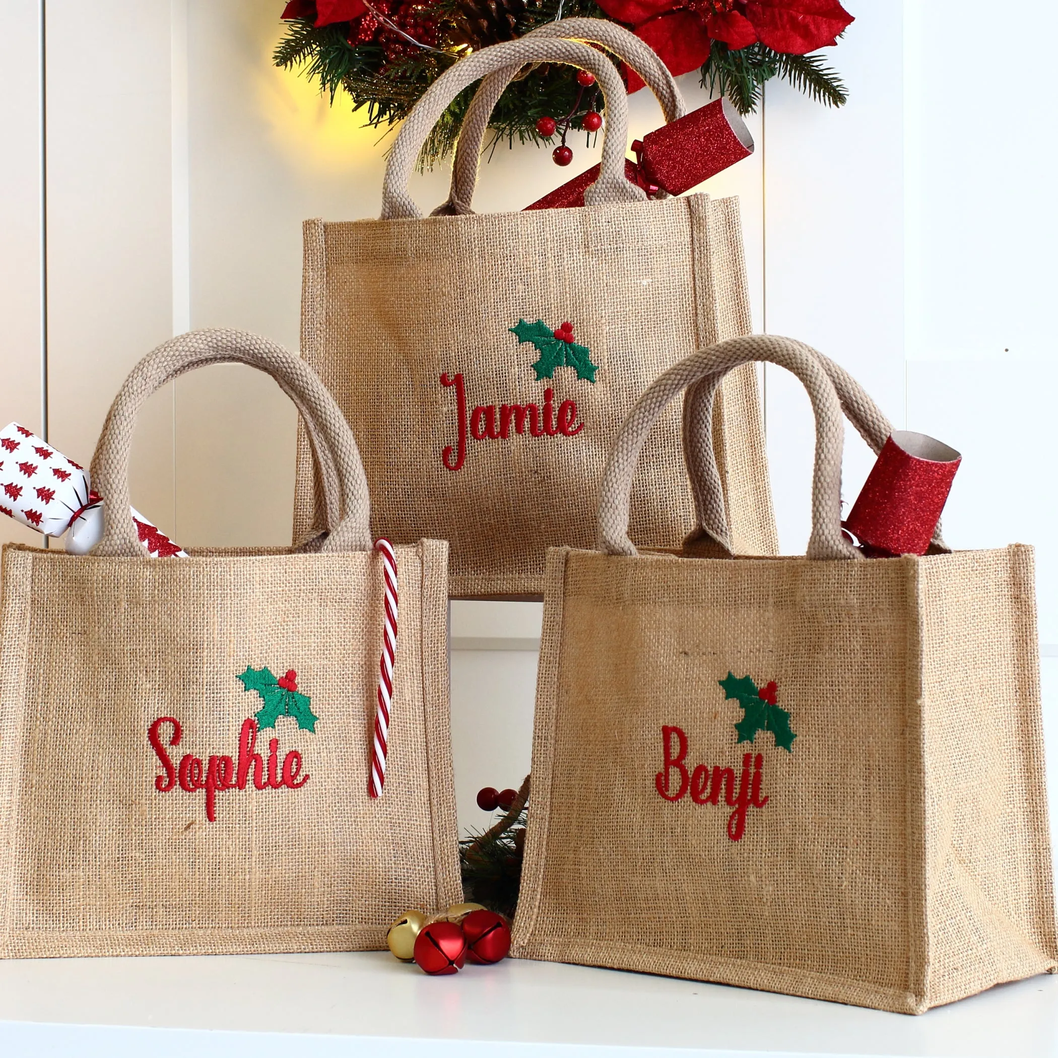 NEW - Embroidered Gift Bags - Holly & Ivy