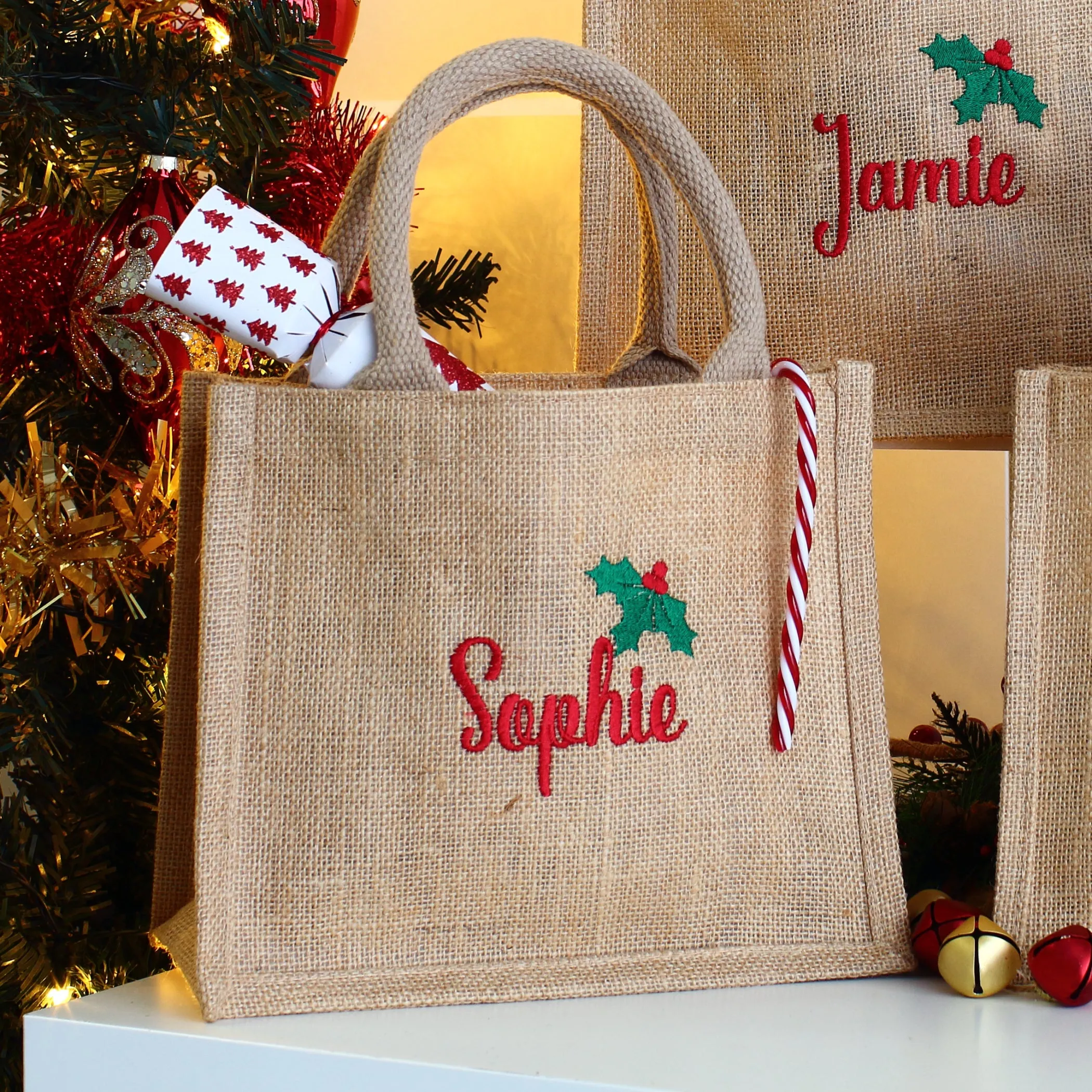 NEW - Embroidered Gift Bags - Holly & Ivy