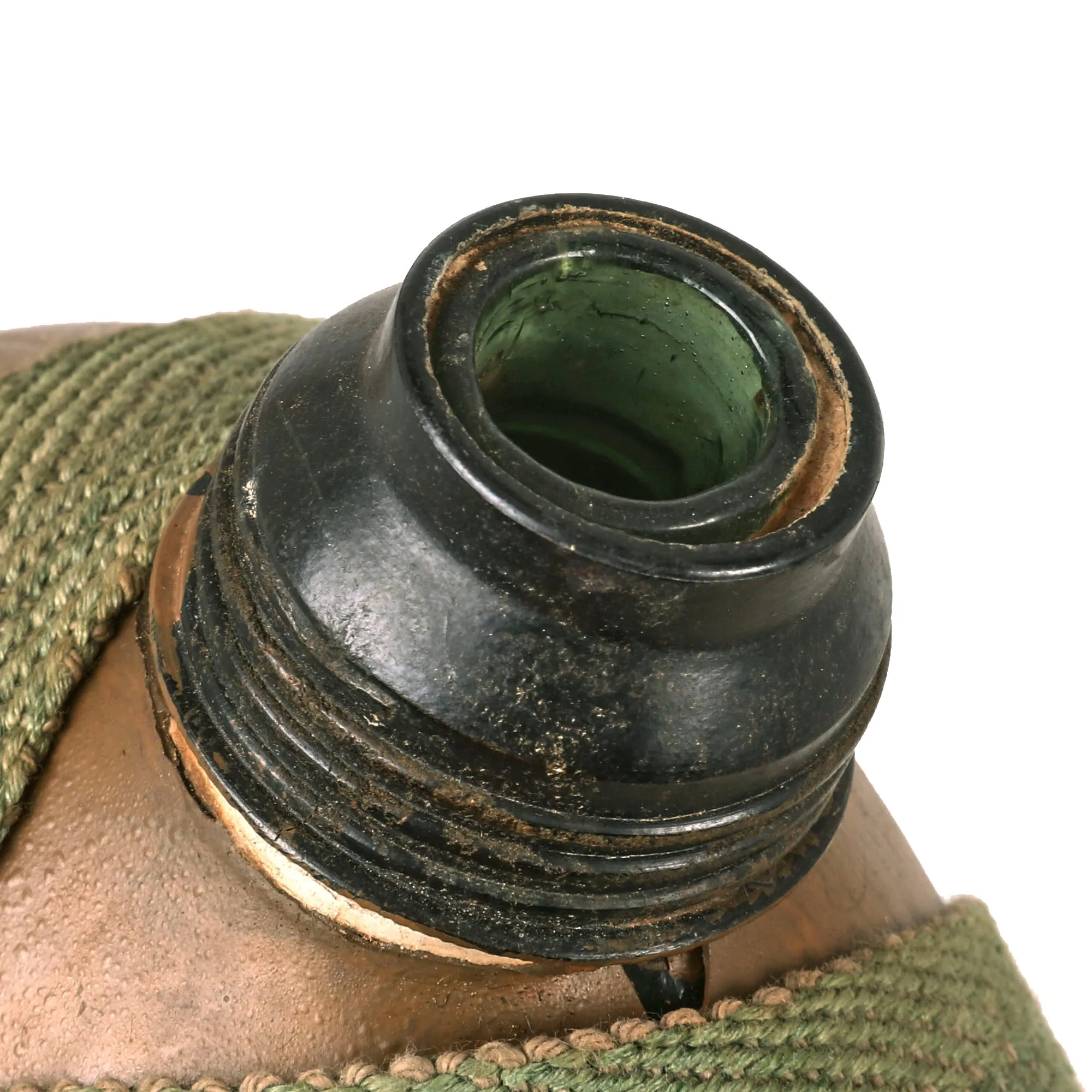 Original Japanese WWII Field Gear Lot - Late War Glass Canteen - Civil Defense Paper Helmet - ID Book with Dog Tag