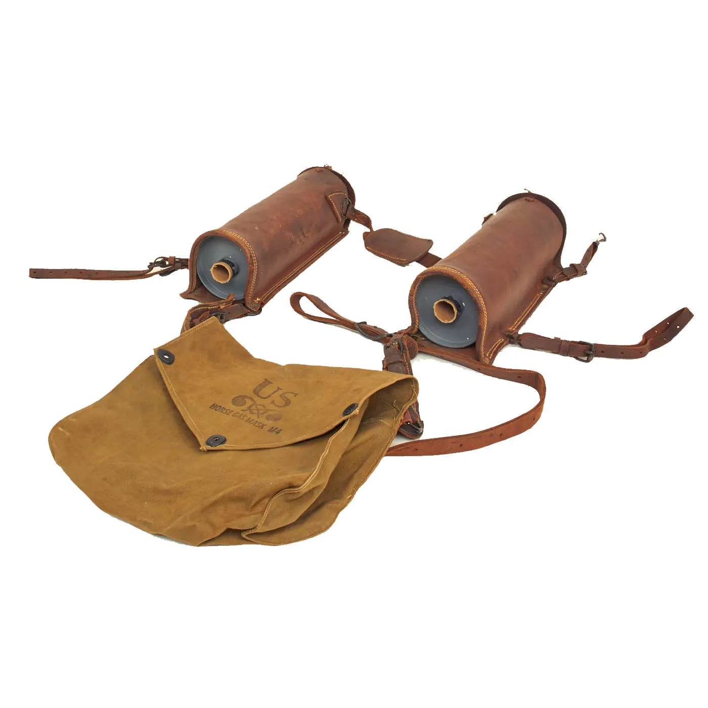 Original RARE U.S. WWII US Cavalry M4 Gas Mask With Pouch and Canister Carriers for Horse Gas Mask